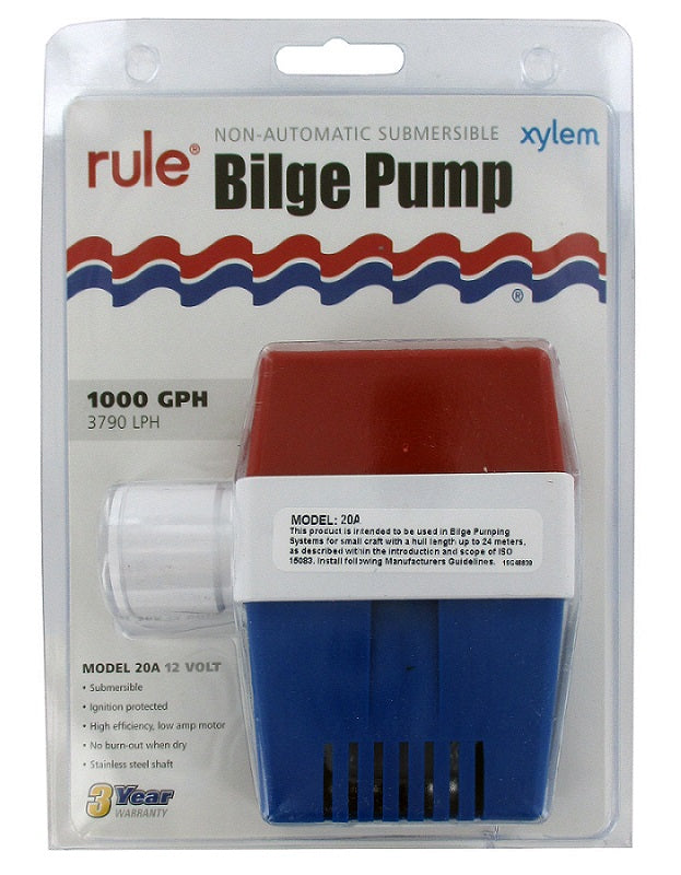 Rule 1000 GPH Non-Automatic Submersible Bilge Pump 20A
