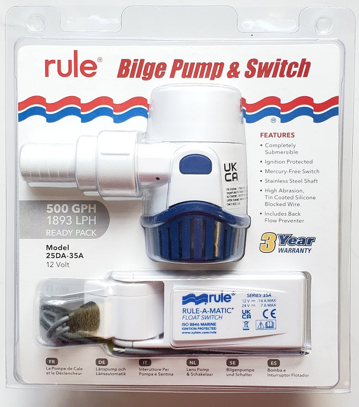 Rule 500GPH Bilge Pump and Switch 25DA-35A