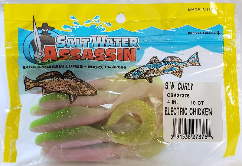 Bass Assassin 4 Saltwater Curly Shad - Electric Chicken